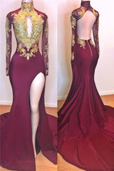 Long Sleeves High Collar Mermaid Prom Dress Sequins Long Chiffon Burgundy Backless With Split-showprettydress