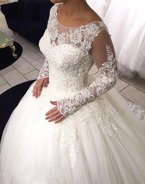 Long Sleeves Lace Ball Gown Wedding Dress Tulle Sweep Train Bridal Gowns-showprettydress