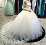 Long Sleeves Lace Ball Gown Wedding Dress Tulle Sweep Train Bridal Gowns-showprettydress