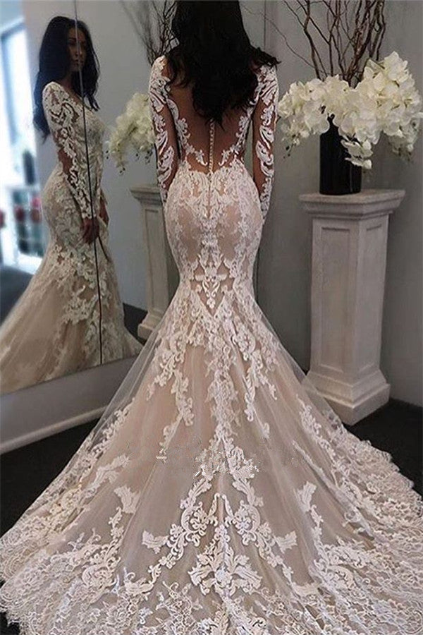 Long Sleeves Lace Mermaid Btidal Gowns AmazingRetro Sheer Tulle Wedding Dress-showprettydress