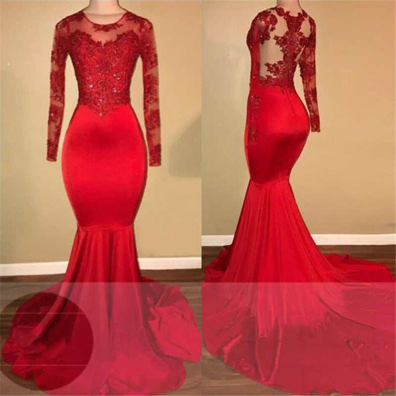 Long Sleeves Mermaid Lace Prom Dresses Red Sheer Tulle Evening Gown-showprettydress