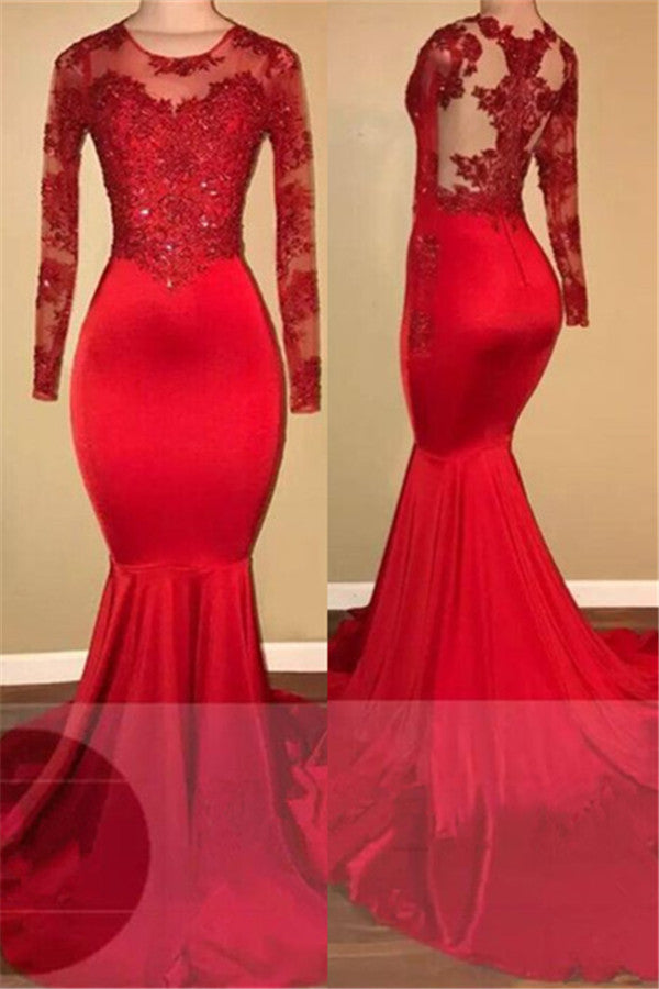 Long Sleeves Mermaid Lace Prom Dresses Red Sheer Tulle Evening Gown-showprettydress