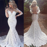 Long Sleeves Mermaid Lace Wedding Dress Modern Open Back V neck Classic Bridal Gown-showprettydress