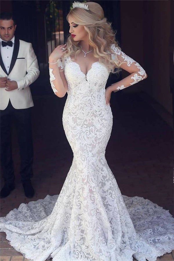 Long Sleeves Mermaid Lace Wedding Dress Modern Open Back V neck Classic Bridal Gown-showprettydress