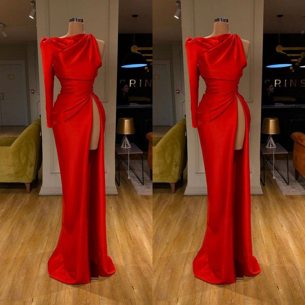 Long Sleeves Mermaid One shoulder Soft pleated Red Prom Dress with Slit-showprettydress