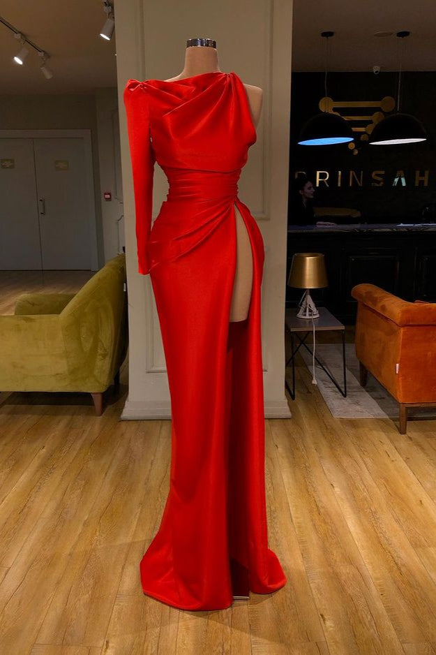 Long Sleeves Mermaid One shoulder Soft pleated Red Prom Dress with Slit-showprettydress