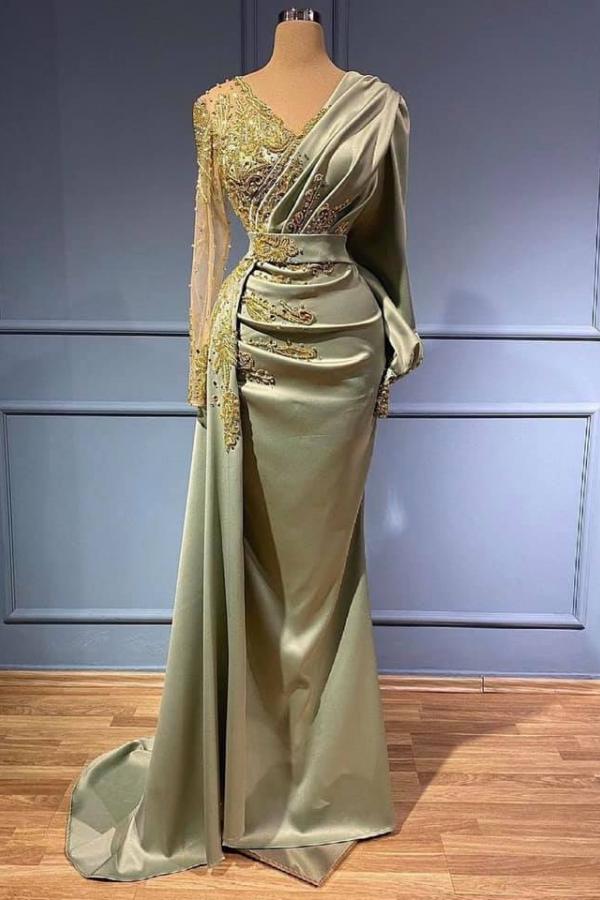 Long Sleeves Mermaid V-Neck Evening Gowns Long Prom Dress With Appliques-showprettydress