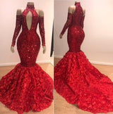 Long Sleeves Modest Halter Mermaid Prom Dress Sequins Long Red-showprettydress