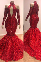 Long Sleeves Modest Halter Mermaid Prom Dress Sequins Long Red-showprettydress