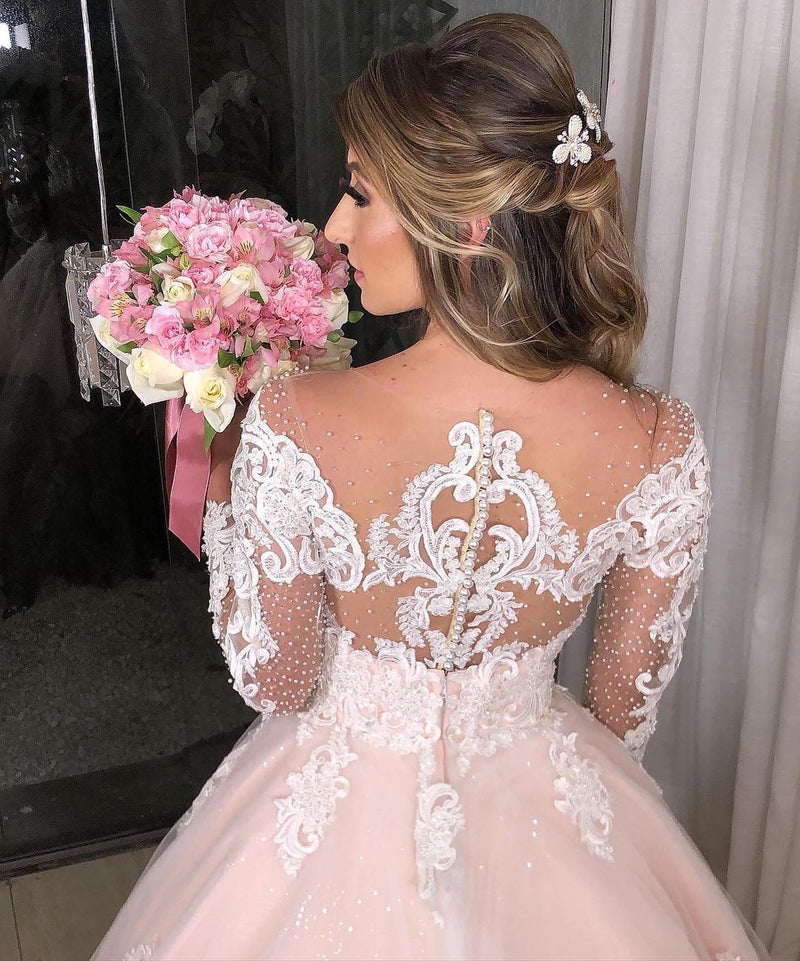 Long Sleeves Princess Off-the-shoulder Tulle Floral Lace Appliques Wedding Dress-showprettydress