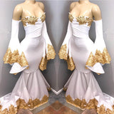 Long Sleeves Prom Party Gowns with gold appliques, mermaid evening dress-showprettydress