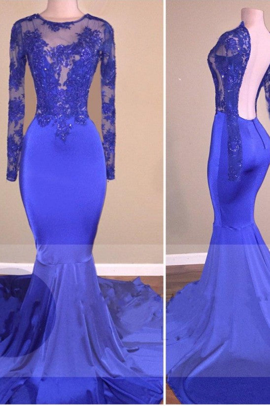 Long Sleeves Round Collar Mermaid Prom Dress Royal Blue Applique Long Chiffon-showprettydress