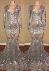 Long Sleeves Sequins Prom Party Gowns| Mermaid V-Neck Evening Gowns-showprettydress