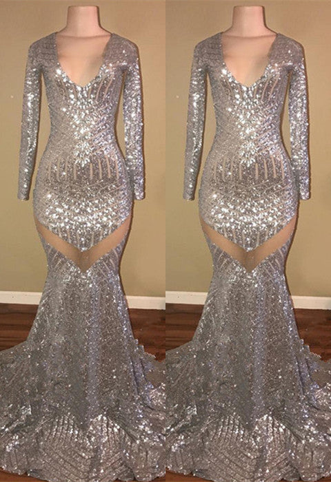 Long Sleeves Sequins Prom Party Gowns| Mermaid V-Neck Evening Gowns-showprettydress