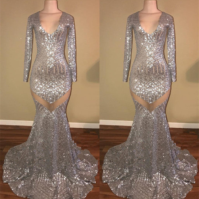 Long Sleeves Sequins Prom Party Gowns| Mermaid V-Neck Evening Gowns-showprettydress