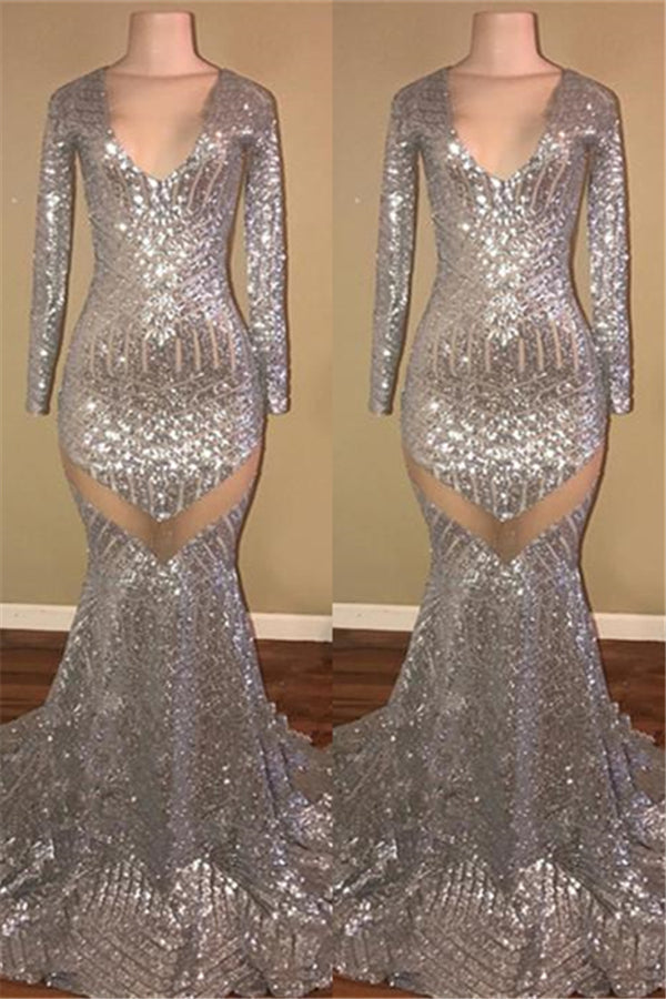 Long Sleeves Sequins Prom Party Gowns| Mermaid V-Neck Evening Gowns-showprettydress