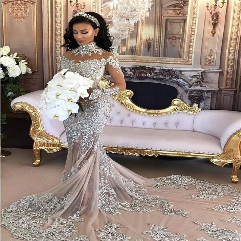 High neck lace mermaid wedding dress best sale