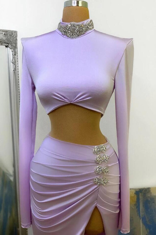 Long Sleeves Small Round Collar Prom Dress Purple Beaded Long Chiffon-showprettydress