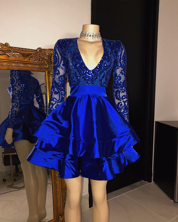 Long Sleeves V-Neck Lace Prom Dress Sequins Blue Short-showprettydress