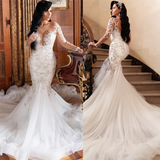 Long Sleeves V neck Mermaid Court train Summer Wedding Dress-showprettydress