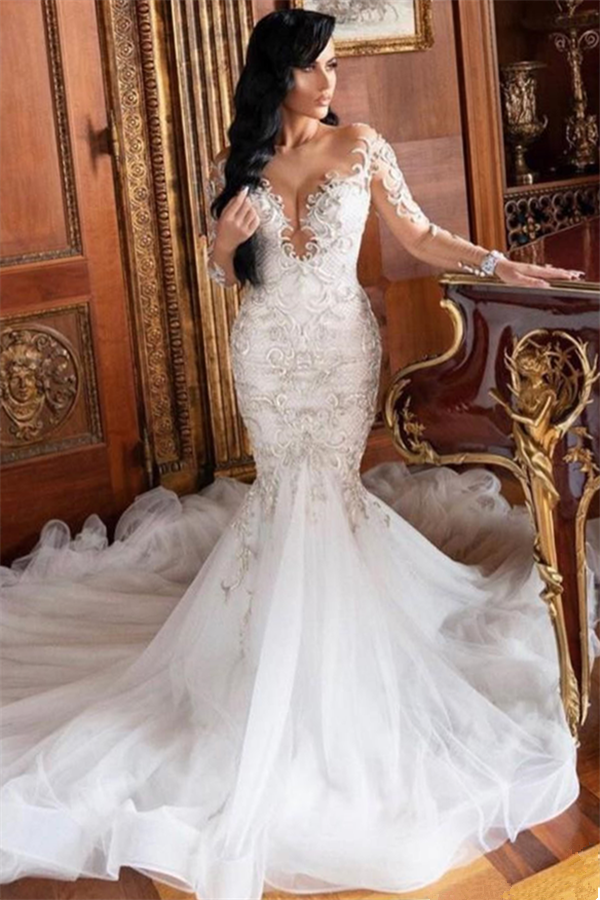 Long Sleeves V neck Mermaid Court train Summer Wedding Dress-showprettydress