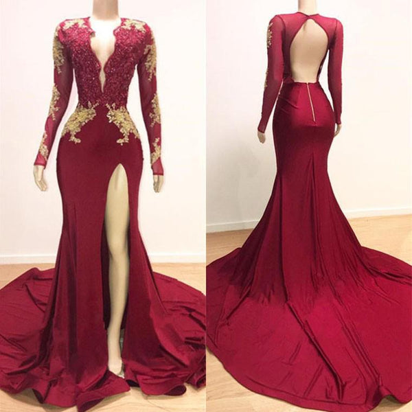 Long Sleeves V-neck Mermaid Prom Dress Red Sequins Long Chiffon-showprettydress