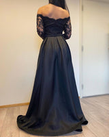 Long Sleevess Black A-line off-the-shoulder Evening Dresses-showprettydress