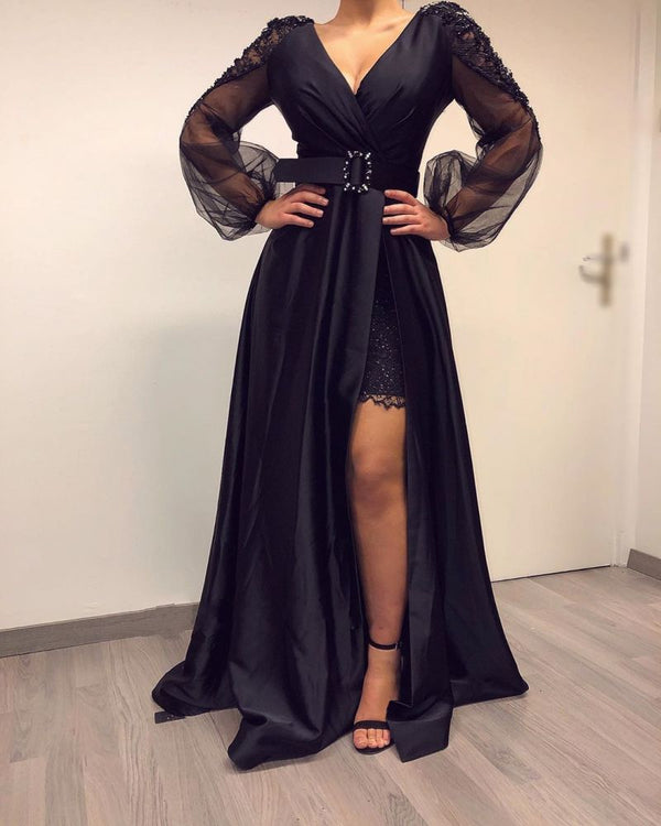 Long Sleevess Black V-neck High Split Bishop sleeves Evening Dresses-showprettydress