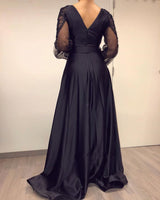 Long Sleevess Black V-neck High Split Bishop sleeves Evening Dresses-showprettydress