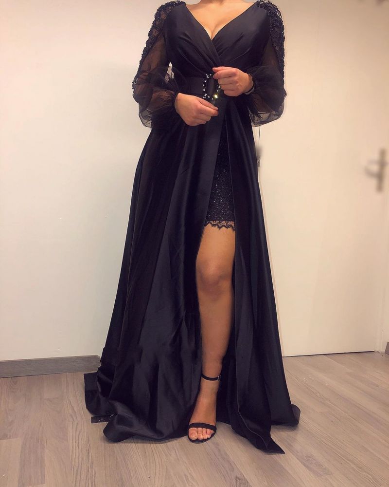 Long Sleevess Black V-neck High Split Bishop sleeves Evening Dresses-showprettydress