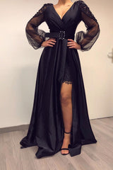 Long Sleevess Black V-neck High Split Bishop sleeves Evening Dresses-showprettydress