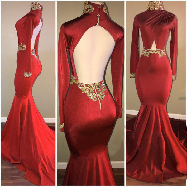 Long Sleevess High Neck Hollow Back Mermaid Prom Dresses-showprettydress