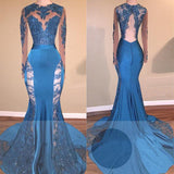 Long Sleevess Lace Appliques Open Back Brush Train Mermaid Prom Gowns-showprettydress