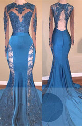 Long Sleevess Lace Appliques Open Back Brush Train Mermaid Prom Gowns-showprettydress