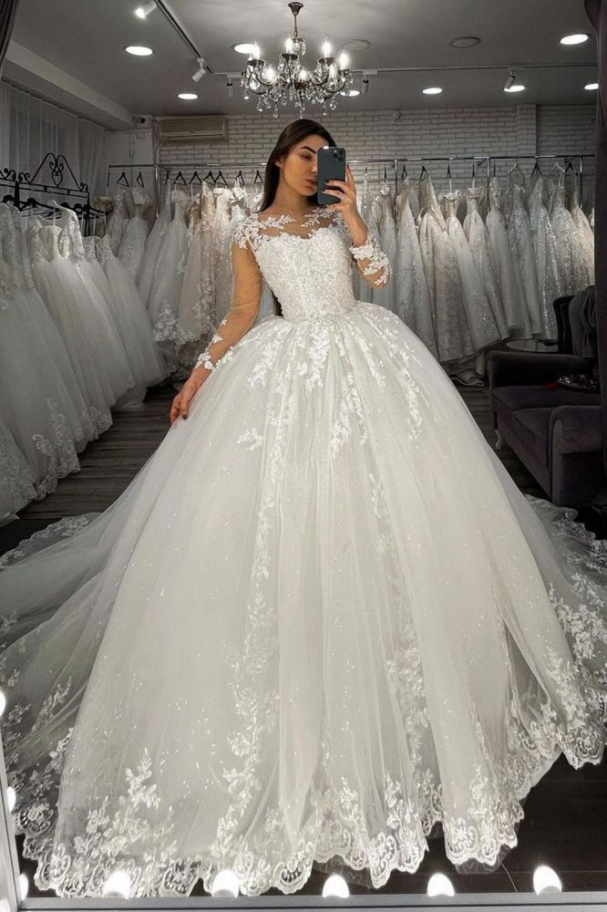 Long Sleevess Lace Appliques Tulle Wedding Gown White Garden Aline Spring Bridal Gown-showprettydress