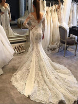 Long Sleevess Lace Mermaid Court Train V neck Wedding Dresses-showprettydress