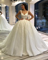 Long Sweetheart Backless Appliques Lace Sequins Ball Gown Wedding Dress-showprettydress