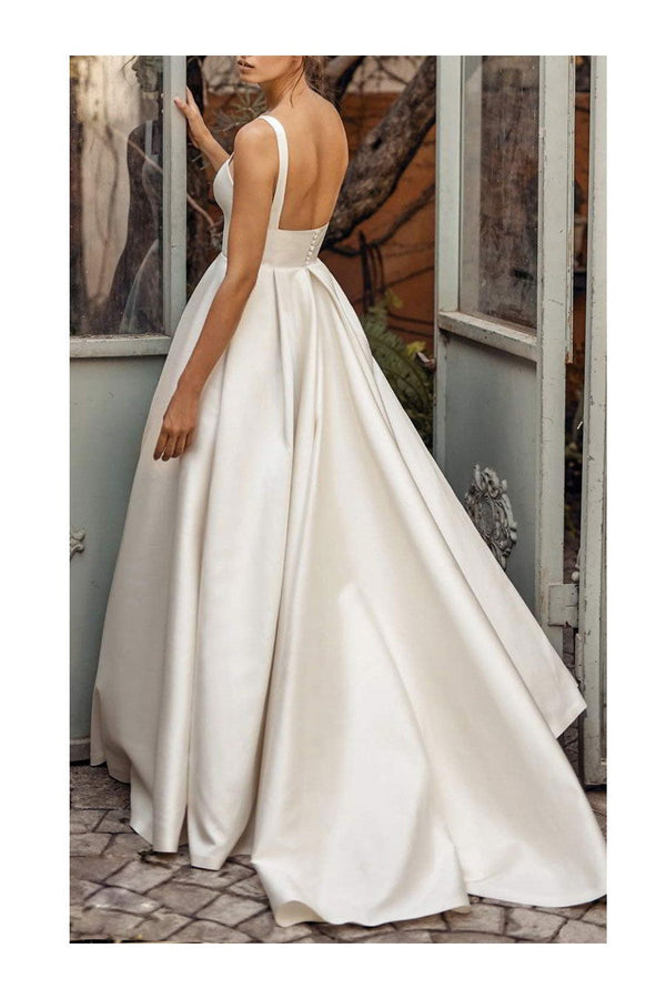 Long Wedding Dresses Square Neck Sleeveless Satin Fabric Court Train Sash Bridal Dress-showprettydress