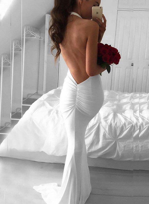 Low Back Mermaid Fitted Wedding Dresses Hot Deep V-Neck-Showprettydress