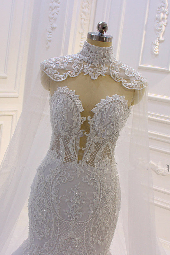 Luxurious 3D Lace Applique High Neck Tulle Mermaid Wedding Dress-showprettydress