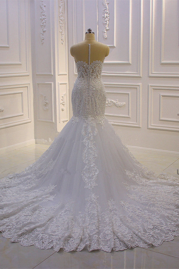 Luxurious 3D Lace Applique High Neck Tulle Mermaid Wedding Dress-showprettydress