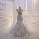 Luxurious 3D Lace Applique High Neck Tulle Mermaid Wedding Dress-showprettydress