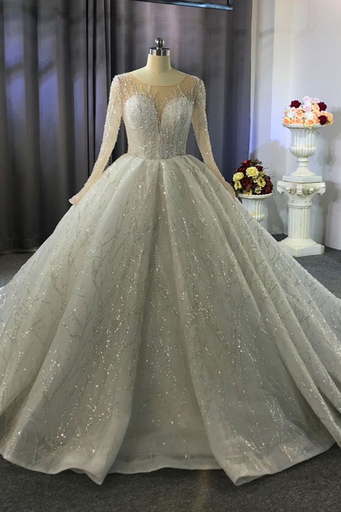 Luxurious Ball Gown Long Sleeves Crystal Beading Wedding Dress A line ...