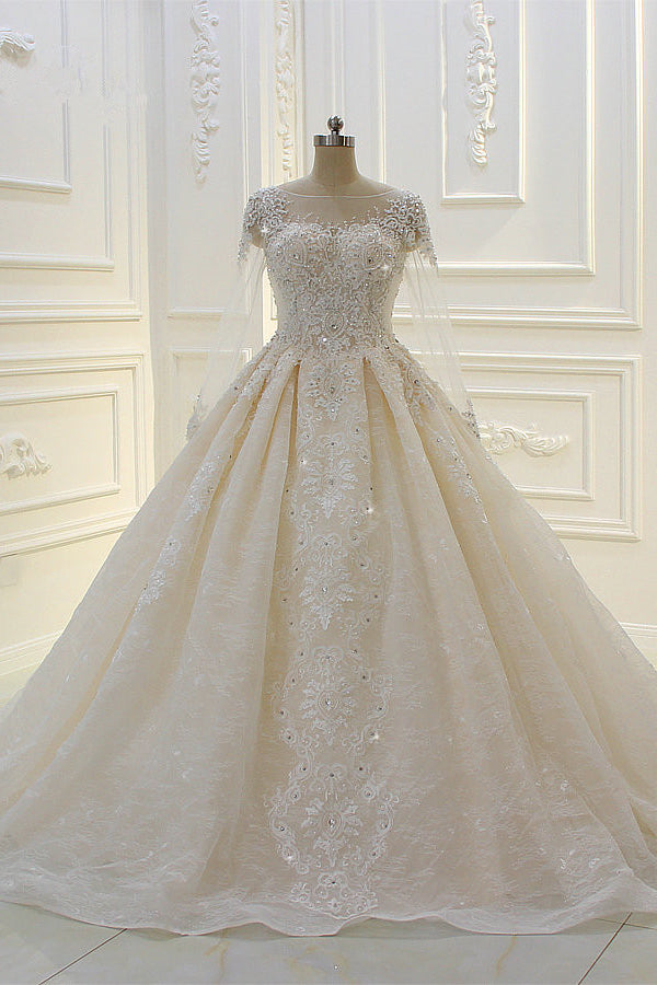 Luxurious Ball Gown Long Sleevess Lace Applqiues Beadings Wedding Dress-showprettydress