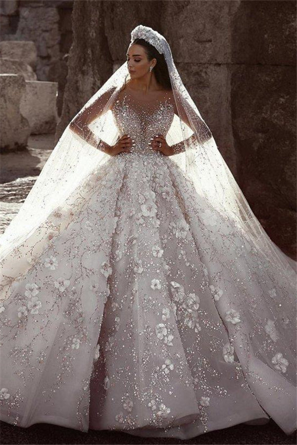 Luxurious Beading Floral Bridal Gowns Sheer Neck Long Sleevess Ball Gown Wedding Dresses-showprettydress