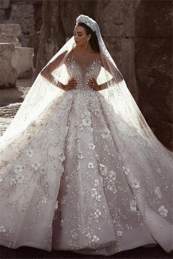 Luxury Ball Gown Wedding Dress Beadings Sweetheart Appliques Sequins Lace  Up Long Sleeves Sweep Train Custom Made Bridal Dresses