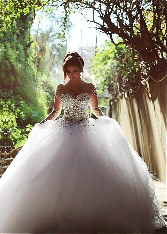 Luxurious Crystals Beading Long Sleevess Ball Gown Wedding Dresses-showprettydress