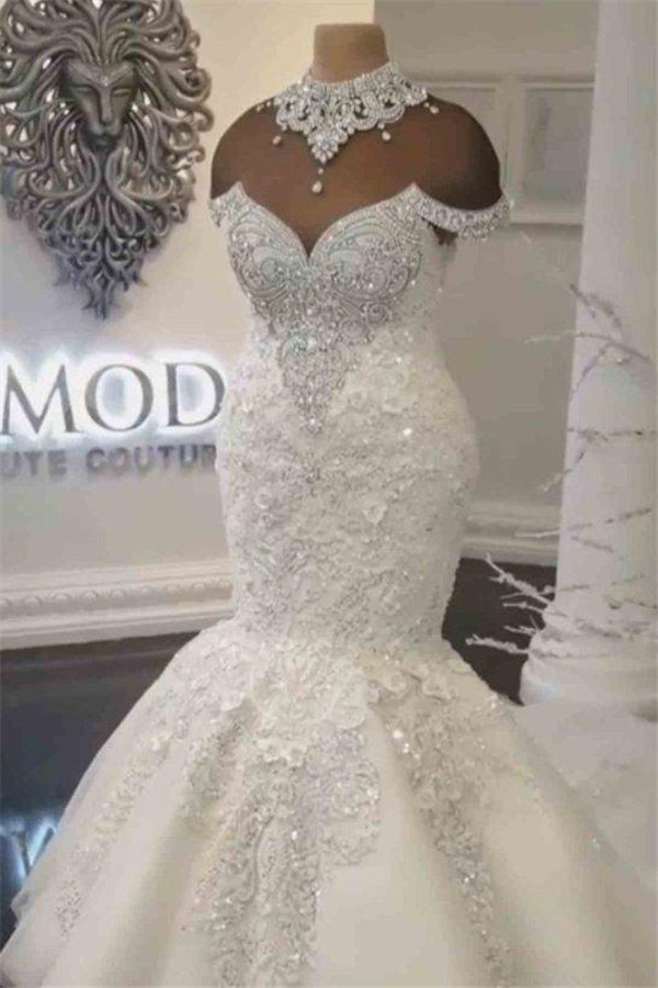 Luxurious Crystals Mermaid Wedding Dresses Off the Shoulder Appliques Bridal Gowns-showprettydress