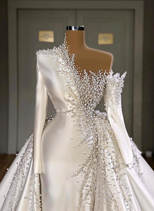 Luxurious Long Sleeve Pearls Overskirt Wedding Dress Online-showprettydress