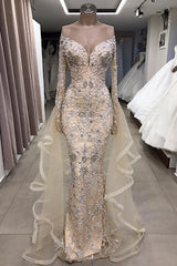 Luxurious Long Sleeves off-the-shoulder Prom Party Gowns with fully-covered beads-showprettydress